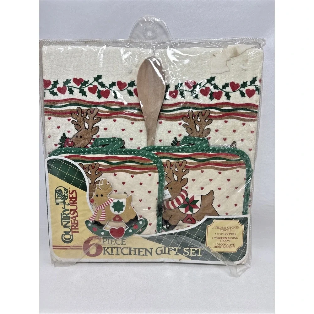Country Treasures 6 Pc Kitchen Collection Christmas Gift Set Towels Reindeer VTG